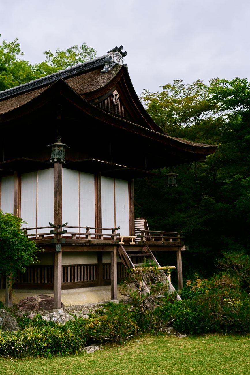Stone garden and wooden corridor in historical Kyoto temple